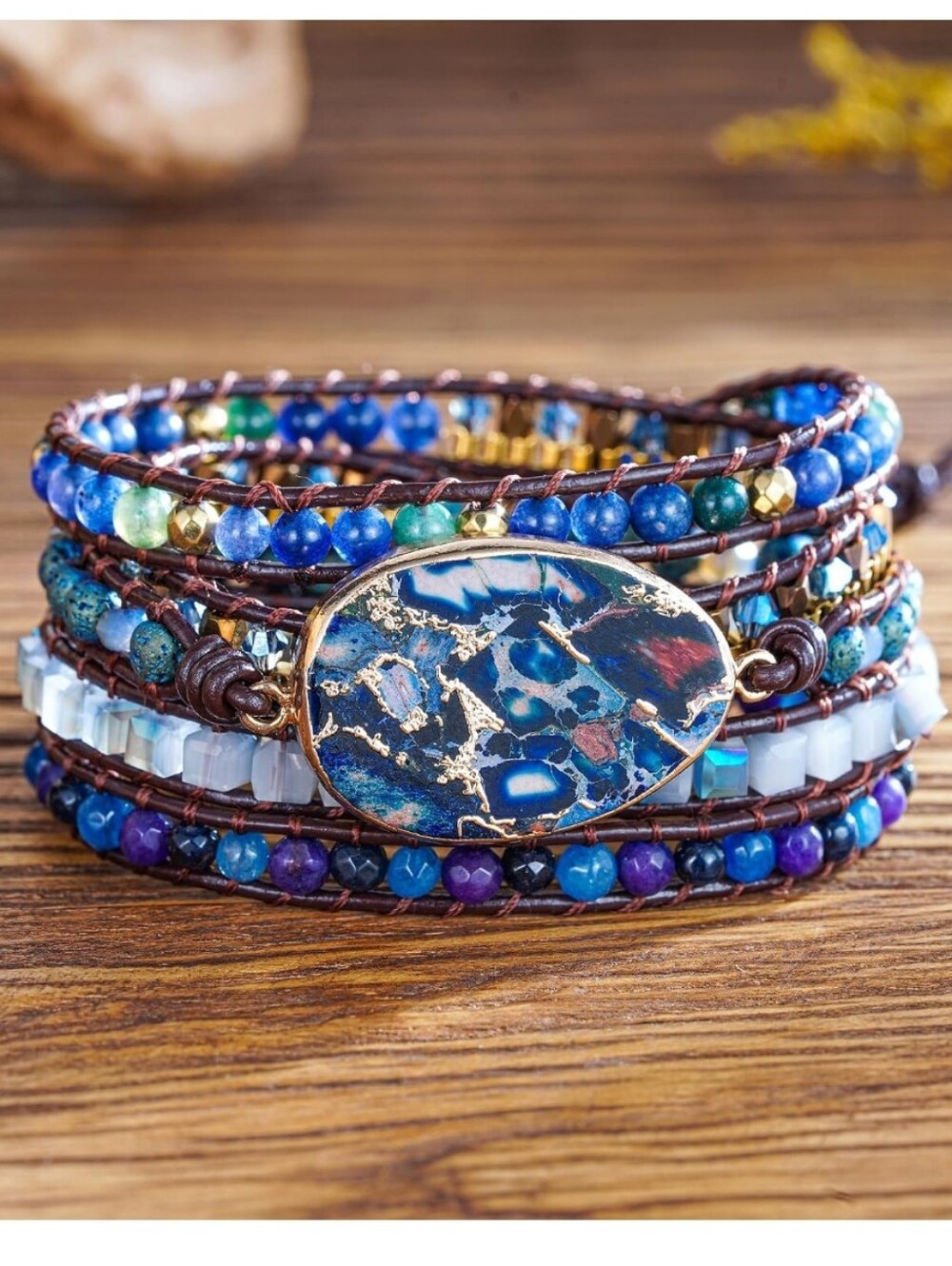 Bohemian Multi-Strand Blue Beaded Wrap Bracelet with Oval Stone